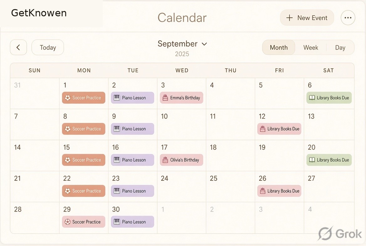 GetKnowen month calendar with colour-coded family events