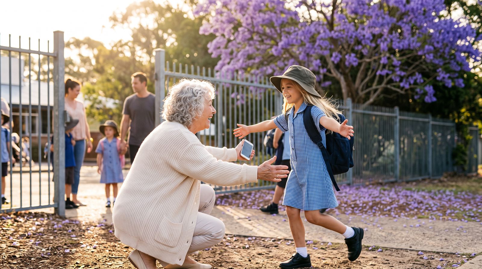 Nan hugging her granddaughter at the school gate