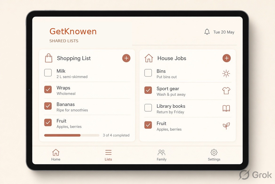 GetKnowen shared shopping and house jobs on a tablet