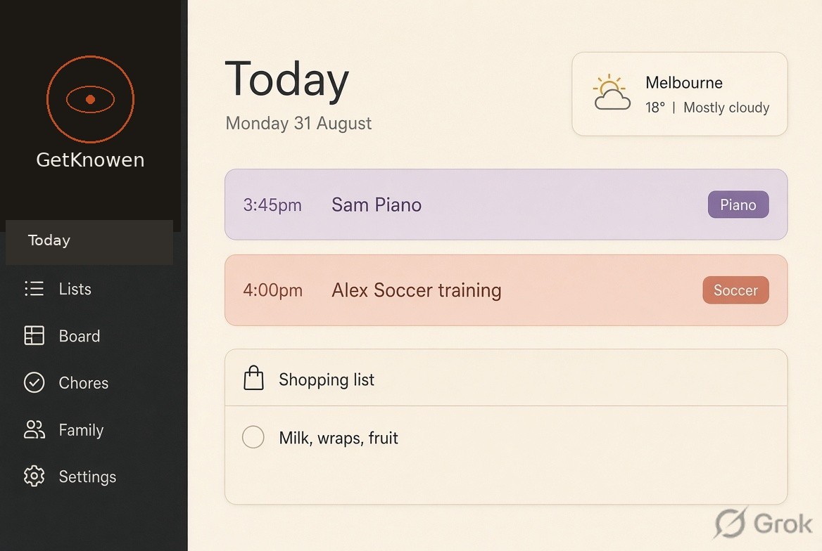 GetKnowen Today view — today’s events and the shopping list